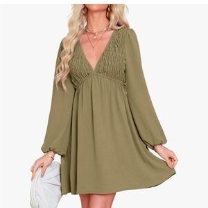 Olive Green V-Neck Long Sleeve Dress